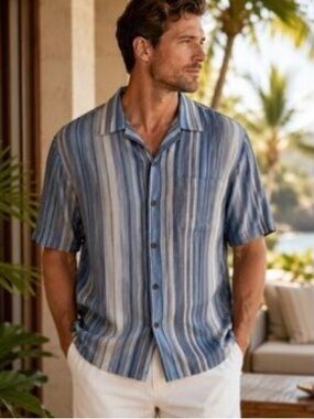 Tommy Bahama Blue Striped Short Sleeve Camp Shirt